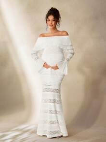 Cheriluna Maternity 优雅孕妇蕾丝荷叶边纯色针织长袖修身连衣裙，适合秋冬派对和圣诞节 - 白色 - 查看 3