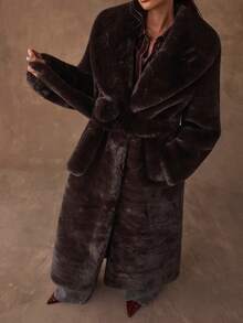 SHEIN BAE 女士时尚仿皮草饰边长款大衣，秋冬 - 黑色 - 查看 4