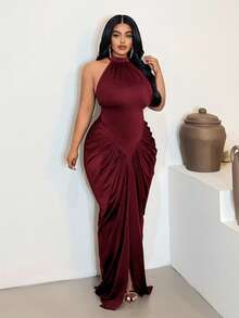 Maweii Plus Size Ruched Waist Sleeveless Bodycon Dress - Burgundy - View 3