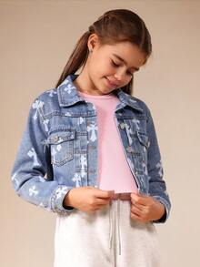 SUMWON Cropped Denim Jacket With Cross Print Pattern Button Front Closure For Spring Fall Casual Outerwear - Dark Wash - View 1