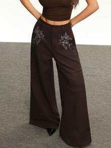 Rina Fox Quần dài thường ngày đính đá Rhinestone thời trang đường phố dành cho nữ, mùa thu - Volcanic Gray - Xem 4