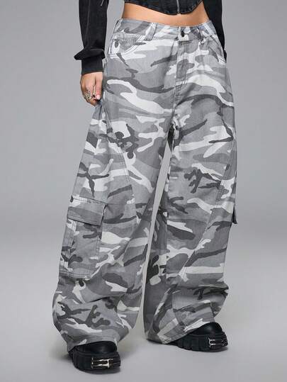 Grunge Punk Jeans déchirés à taille basse de style camouflage streetwear Kpop Y2K