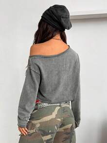 Coolane 男女款冬季/秋季街头服饰 返校风 脏污棉质舒适脏洗黑色超大不对称领口长袖 T 恤 - 灰色 - 查看 7