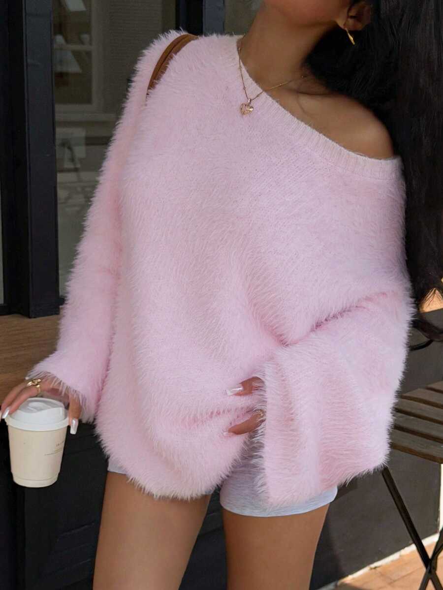 Ritzy Row 2025 女装秋冬新款时尚宽松休闲法式浪漫仿毛针织毛衣 - 粉色 - 查看 1