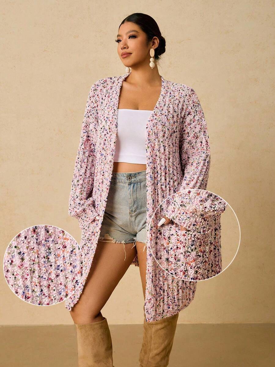 SHEIN VCAY 大码女式落肩长袖口袋设计长款休闲针织开衫，秋冬 - 紫色 - 查看 1