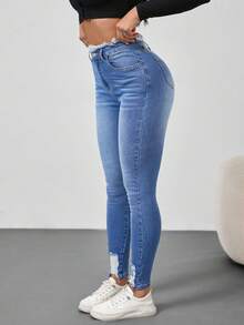 SHEIN Tall 女款休閒修身高彈力藍色牛仔褲 - 淺色水洗藍 - 查看 7