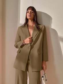Blazer With Single Button Closure And Flap Pockets, Paired With Matching High-Waist Trousers, Elegant Two Pieces Suit Set - Mocha Brown - View 6