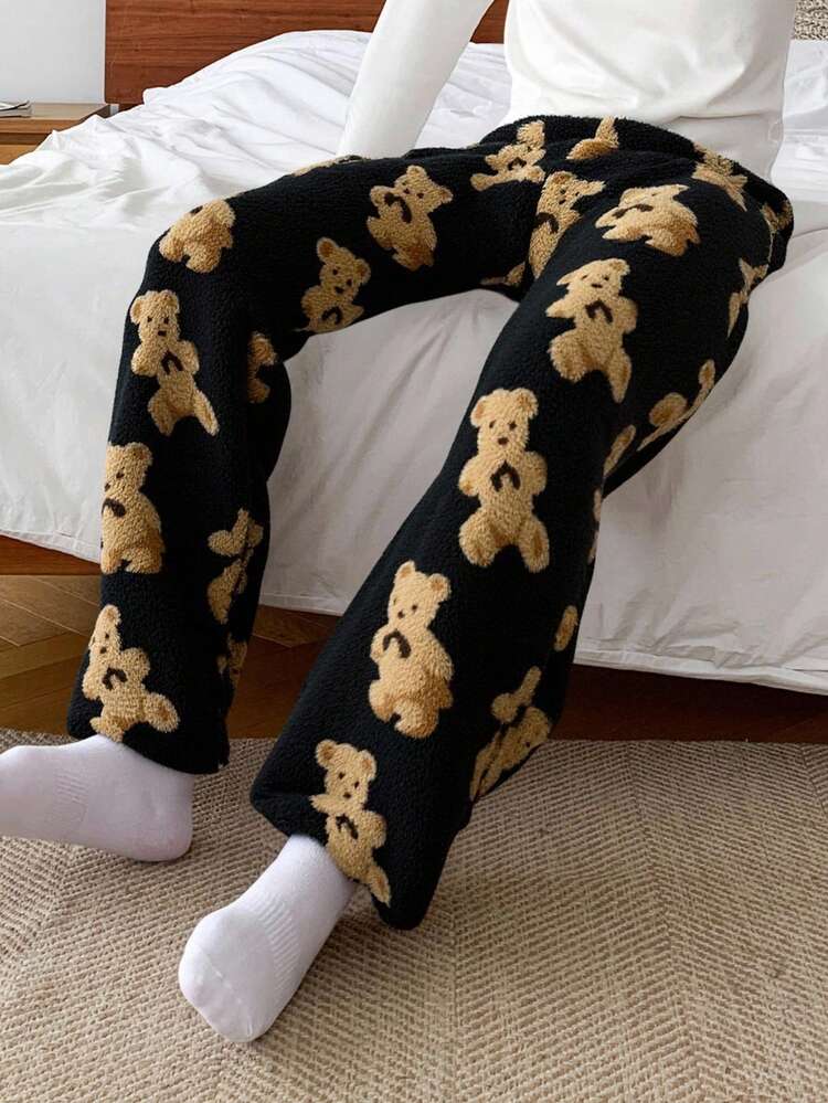Men's Thermal Lined Fluffy Cozy Pajama Bottoms With Black Background And Yellow Bear Pattern, Suitable For Autumn/Winter