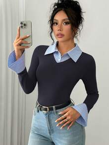 SHEIN PETITE Women's Blue And White Stripe Collared Knitted T-Shirt,Effortless Chic Long Sleeve Flared Cuff Half-Placket Top For Office,Back-To-School,Autumn - Navy Blue - View 6