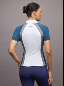 Activina Women's Contrast Color Stand Collar Raglan Short Sleeve Button Half Placket Equestrian Top Equestrian Clothing - White - View 3