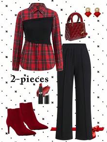 Gownix Plus Size Women's Black And Red Plaid Patchwork Shirt&Pants 2 Pieces Set,Chic Autumn Office Back-To-School Elegant Christmas New Year Party Clothes - Multicolor - View 1