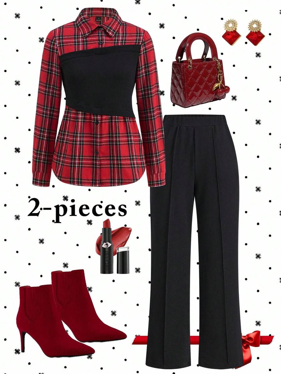 Gownix Plus Size Women's Black And Red Plaid Patchwork Shirt&Pants 2 Pieces Set,Chic Autumn Office Back-To-School Elegant Christmas New Year Party Clothes - Multicolor - View 1