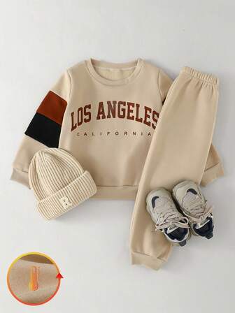 THE HAPPY LOOK 2pcs/Set Young Boy Contrast Color Crew Neck Long Sleeve Pullover Sweatshirt And Elastic Waist Long Pants