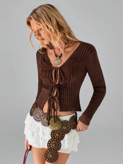 SHEIN TRNDY 1 pieza Cárdigan de mujer, marrón, diseño único de cuello en V bordado con mariposa y decoración de lazo, tejido informal para otoño/invierno