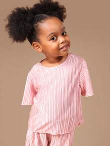 SUMWON Girls Plisse Flutter Sleeve Two Piece Coordinated Set Summer Party Outfit Textured Co-Ord - Baby Pink - View 3