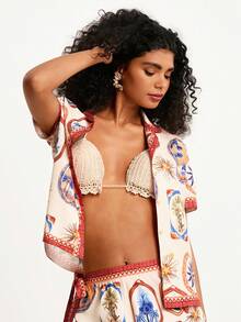 CAJUNI 女士休闲度假米色短袖印花衬衫 - 约会装 - 海滩 - 彩色 - 查看 10