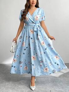 Firerie Plus Size Summer Loose V-Neck Asymmetric Hem Random Print Open Slit Belted Ladies Dress,Beach Dress Sundress,Holiday Outfits Boho Spring - Baby Blue - View 4