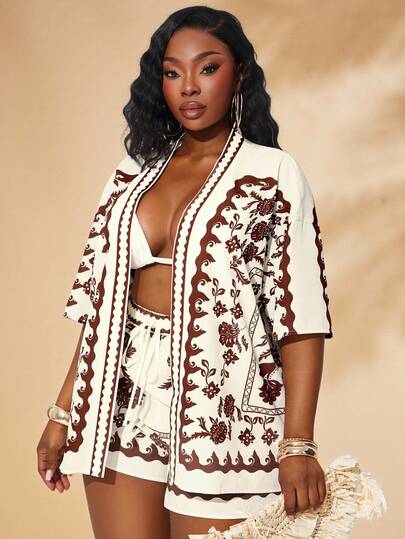 SHEIN SXY Plus Size Women's Spring&Summer Elegant Sexy Holiday Floral Printed Beach Set With Short Sleeve Shirt And Elastic Waist Shorts 2PCS-SET,Suitable For Everyday Wear,Two Pieces Set Women 2 Pieces Vacation Set,Boho,Bohemian,Outing,Resort,Beach Vacation,Holiday,Seaside,Western Wear,Music Festival,Concert,Carnival Party,Richly Layered,Date Night,Ibiza,Nashville,Break,Modest,Chic,Club,Cute,Casul,Shopping, Streetwear,Going Out,Coquette,Easy To Match&Looks Slim,Accent Your Body,Flatter The Figure