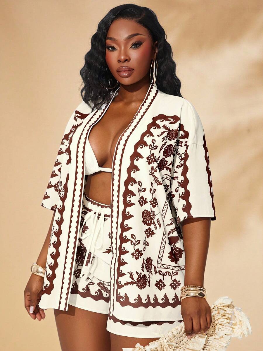 SHEIN SXY Plus Size Women's Spring&Summer Elegant Sexy Holiday Floral Printed Beach Set With Short Sleeve Shirt And Elastic Waist Shorts 2PCS-SET,Suitable For Everyday Wear,Two Pieces Set Women 2 Pieces Vacation Set,Boho,Bohemian,Outing,Resort,Beach Vacation,Holiday,Seaside,Western Wear,Music Festival,Concert,Carnival Party,Richly Layered,Date Night,Ibiza,Nashville,Break,Modest,Chic,Club,Cute,Casul,Shopping, Streetwear,Going Out,Coquette,Easy To Match&Looks Slim,Accent Your Body,Flatter The Figure - Multicolor - View 1