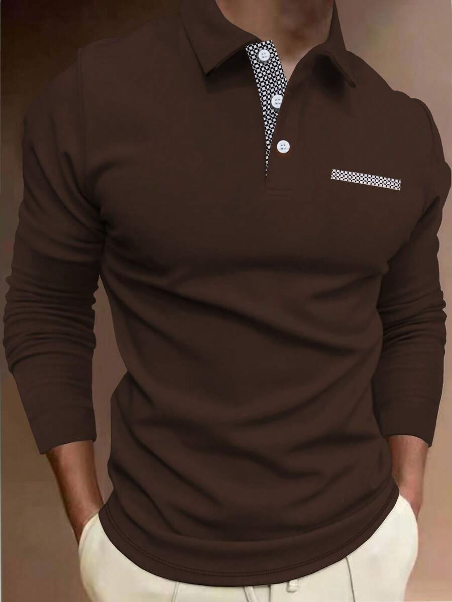 Manfinity Homme 男士格子拼布长袖休闲通勤 Polo 衫 - 摩卡棕 - 查看 1