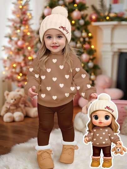 SHEIN Conjunto de sudadera de cuello redondo de manga larga y leggings suaves, gruesos y cómodos con estampado de corazón minimalista y de color caqui y marrón, adecuado para niñas pequeñas para uso diario, en el hogar y en vacaciones durante el otoño/invierno