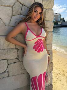 Maria Perezxox Romantisches Strickkleid für Damen mit Farbblockdesign und Muschelstickerei, für Frühling/Sommer, Urlaub - Beige - Übersicht 6