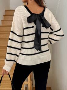 SHEIN Maternity Striped V-Neck Casual Fashionable Long Sleeve Pullover Sweater Jumper For Woman Women Sweater Knit Sweater Bow Sweater Cute Sweaters - Multicolor - View 6