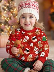SHEIN Süße Cartoon-Lebkuchenmännchen, Weihnachtsmann, Rentier, Weihnachtsbaum Tasse Muster, Baby Mädchen Lässig bequemer dicker weicher warmer Rundhals Pullover Sweatshirt, geeignet für Herbst/Winter Weihnachten, festliche Neujahr, Zuhause, Feiertage