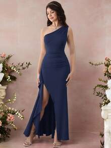 Pitira Teen Girls Partywear New Blue Asymmetric Shoulder Pleated Hollow Out High Slit Dress, Suitable For Vacation, Date, Party In Summer,Long Dress,Christmas, Halloween, Spring Festival Long Blue Dress Wedding Guest Dress Women Navy Blue Formal Dress Asymmetrical Dress One Shoulder Dress - Navy Blue - View 1