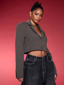 Normani Tailored Cropped Blazer Notched Lapel Single Breasted Elegant Professional Business Casual Vacation Fall Winter Autumn Work Office Old Money Date Night Going Out Back To School Wedding Guest Christmas Suit Cute Everyday Capsule Wardrobe - Brown - View 5