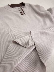 撞色领合身长袖运动毛衣 - 淺灰色 - 查看 6