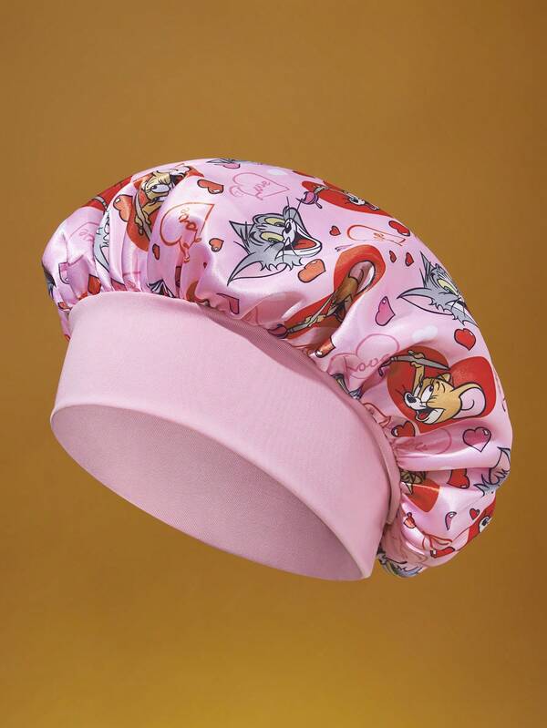 TOM & JERRY X SHEIN Upgraded Double-Layer Women's Pink Hair Care Cap, Wide Elastic Satin Cartoon Love Print Sleep Cap, Soft & Comfortable For Daily Home, Sleeping