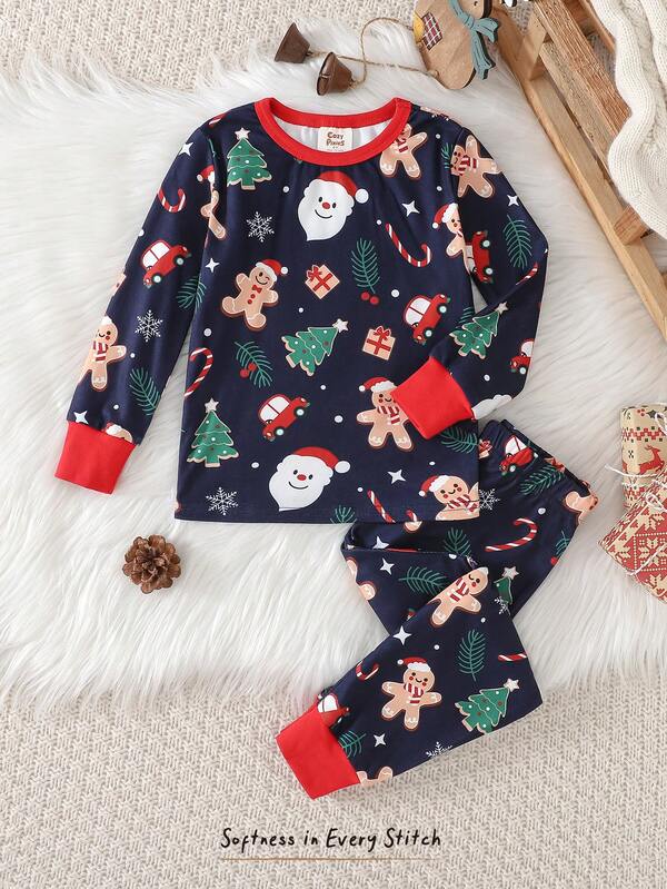 Cozy Pixies Conjunto de pijama ajustado para bebé niño, con estampado de muñeco de nieve y hombre de jengibre, de punto suave, cuello redondo, manga larga y pantalón largo con cintura elástica