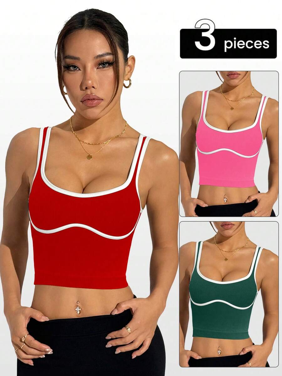 SHEIN Velisys Top deportivo ajustado y corto con ribete de contraste - Multicolor - Ver 1