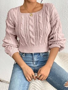 SHEIN LUNE Casual Solid Color Square Neck Cropped Sweater, Autumn - Dusty Pink - View 4