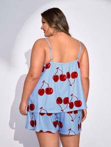 SHEIN CURVE+ Extra Large Women's Cherry Printed Pajama Set, Daily, Suitable For Valentine's Daybeach Outfits For Woman/Beach Dress/Beach Vacation Outfits/Beach Essentials / Graduation/Tea Party Dress - Baby Blue - View 2