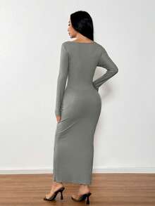 SHEIN PETITE Vestido negro de manga larga, cuello cuadrado y ajustado, para usar en otoño - Gris - Ver 2