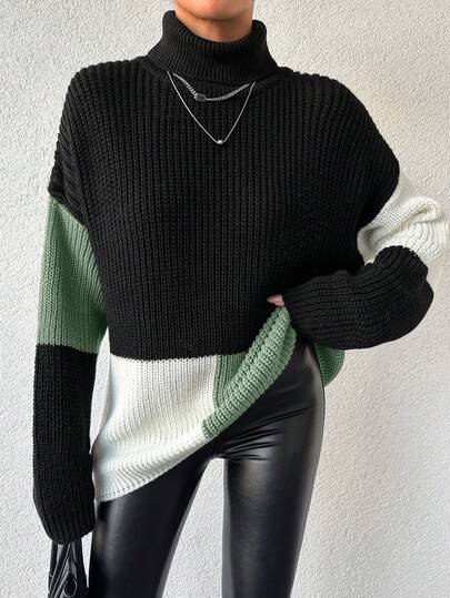 SHEIN Women's Contrast Color Turtleneck Casual Versatile Long Sleeve Pullover Sweater, Autumn/Winter