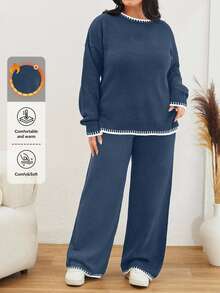 EURMUSE Color Block Edged Long Sleeve Sweater And Knitted Pants Two Pieces Set - Cadet Blue - View 1