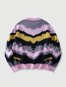 ROMWE MEN Street Life Men's Contrast Color Pattern Loose Fit Crew Neck Long Sleeve Sweater - Multicolor - View 2