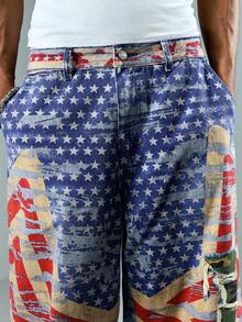 ROMWE MEN Street Life Men's Fashion Straight Leg Loose Fit Star Contrast Color Flag & Print Jeans With Pockets - Blue - View 2