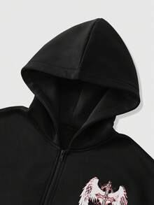 ROMWE MEN Goth Men's Random Cross Print Zip-Up Hooded Long Sleeve Sweatshirt, For Winter - Black - View 3