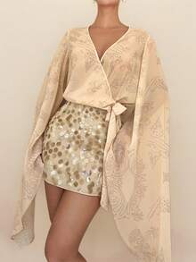 Rafferiza Sexy Printed Sequin Patchwork Long Sleeve A-Line Bodycon Dress - Apricot - View 4