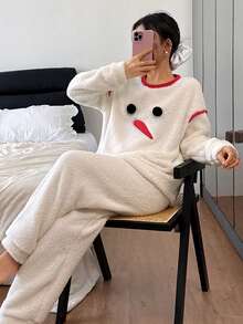 SHEIN 3D Snowman Embroidered Cozy Women Long Sleeve Pajama Set, Fluffy Winter Clothes - Beige - View 6