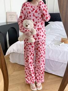 2 件套青少年女孩可爱简约心形图案圆领长袖 T 恤和宽松休闲睡裤睡衣套装 - 粉色 - 查看 3