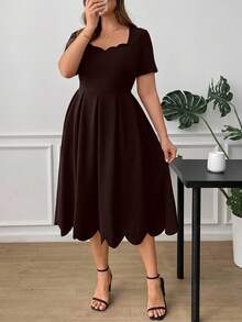 Ellevyn Vestido elegante de talla grande para mujer con escote cuadrado y ribete de concha, unicolor - Café integral - Ver 6