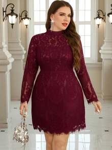 Ellevyn Vestido con adorno de encaje blanco elegante, vestido de manga y bajo con encaje floral de talla grande para mujer en primavera - Burdeos - Ver 4