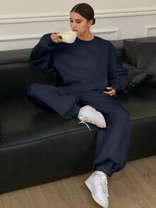 DAZY 女士纯色宽松圆领长袖卫衣和运动裤两件套，保暖内衬家居服套装