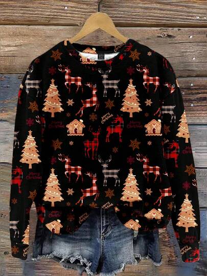 SHEIN LUNE Casual Minimalist Christmas Vintage Christmas Tree & Reindeer Print Round Neck Loose Fit Women Sweatshirt, Family Set, Suitable For Outings, Commuting, Chic
