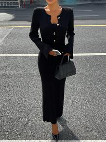 DAZY Women's Round Neck Flare Sleeve Waist Cinched Sweater Dress, Autumn/Winter - Black - View 5